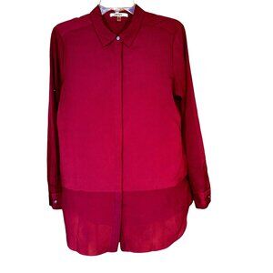 DKNYC Burgundy Tunic Blouse M Sheer Panel Roll-Tab Sleeves Quiet Luxury Workwear